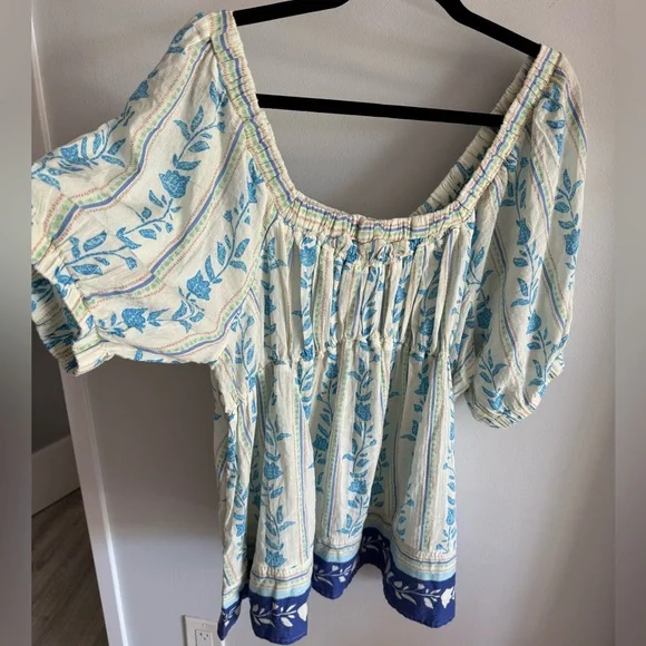 Free People Santorini Print Puff Sleeve Empire Waist Long Cotton Tunic Top NEW L - Picture 4 of 11